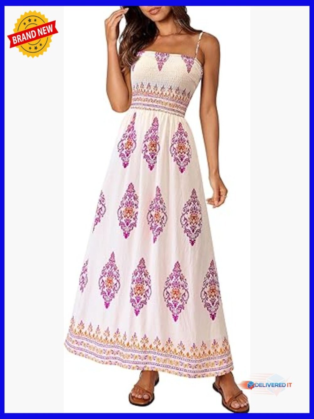 Sleeveless Floral Maxi Dress with Pockets Smocked Bodice Spaghetti Strap Summer